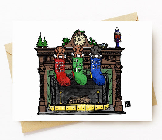 BellavanceInk: Christmas Card With Wiener Dog Dachshund In Christmas Stockings Pen & Ink Illustration 5 x 7 Inches - BellavanceInk
