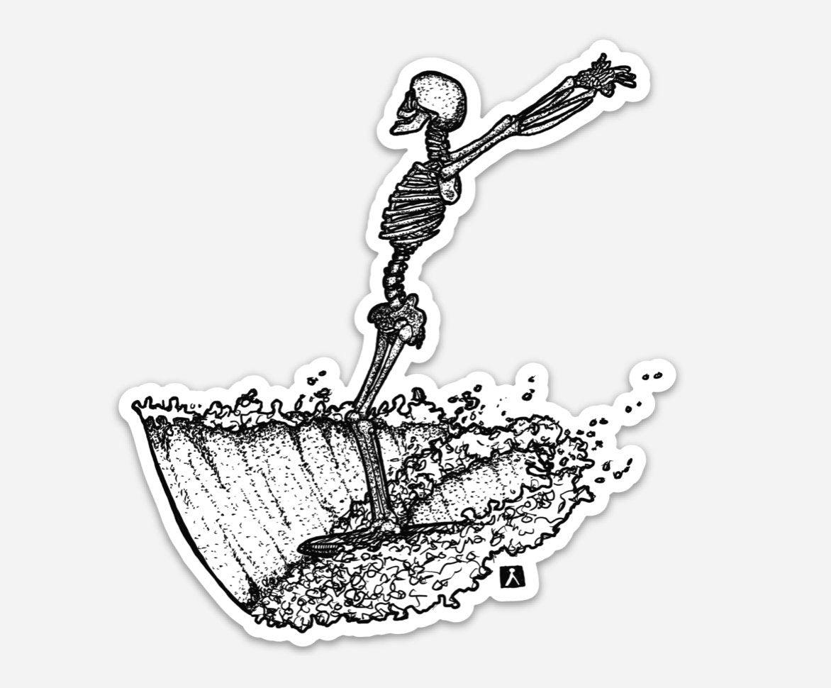 BellavanceInk: Surfer Skeleton Hanging Ten On Its Longboard Vinyl Sticker Hand Drawn Illustration - BellavanceInk