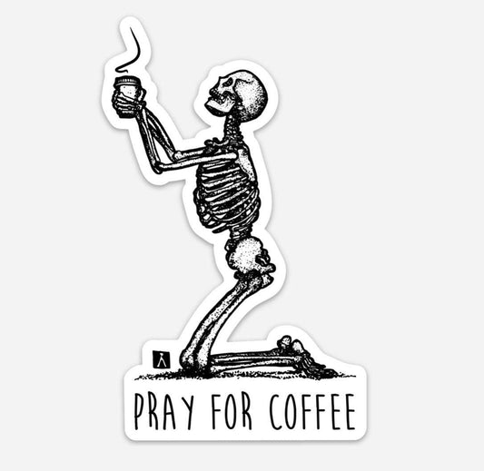 BellavanceInk: Skeleton Praying For Coffee Vinyl Sticker Hand Drawn Illustration - BellavanceInk
