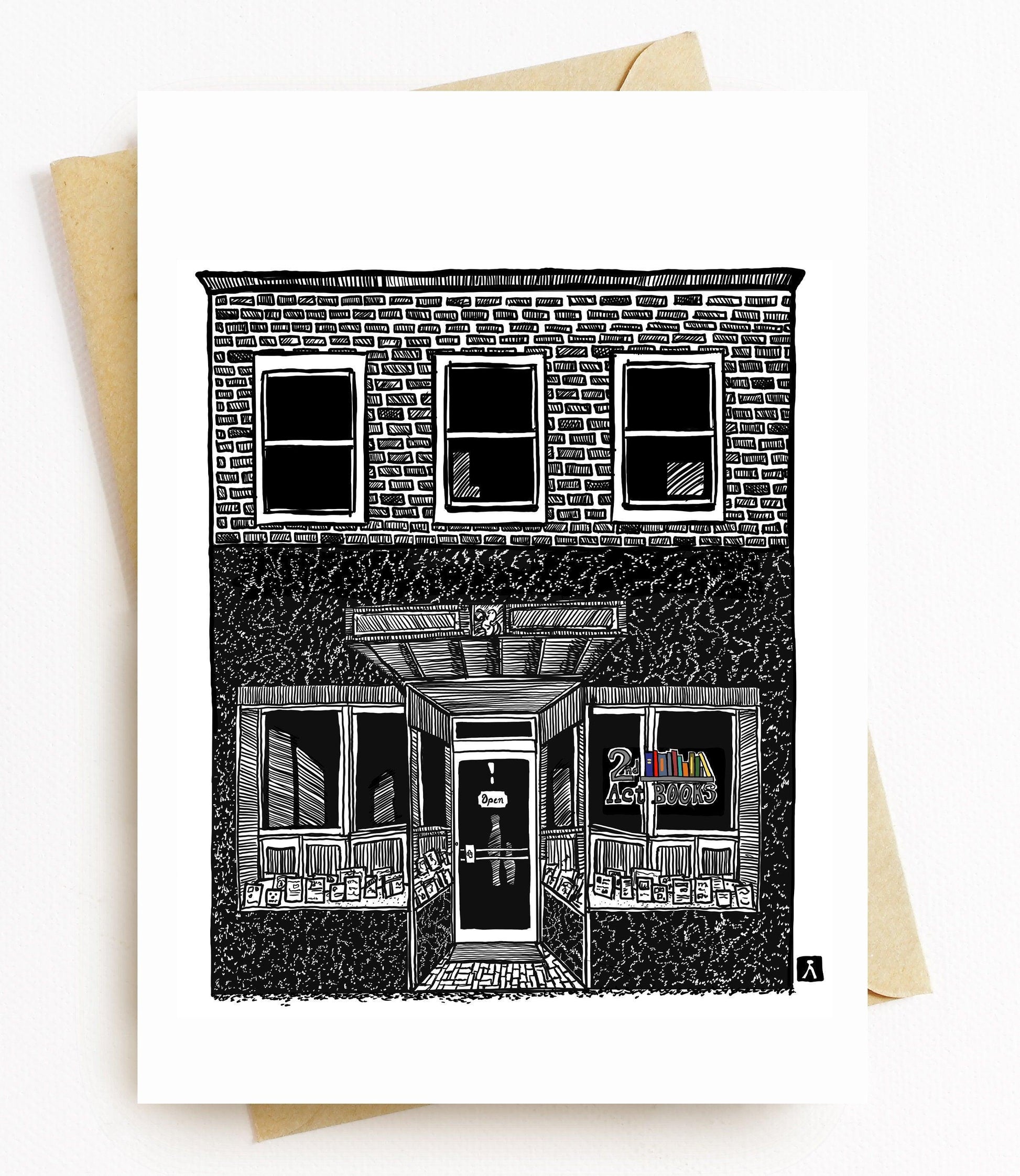BellavanceInk: Greeting Card With A Pen & Ink Drawing Of 2nd Act Book Shop In Charlottesville  5 x 7 Inches - BellavanceInk