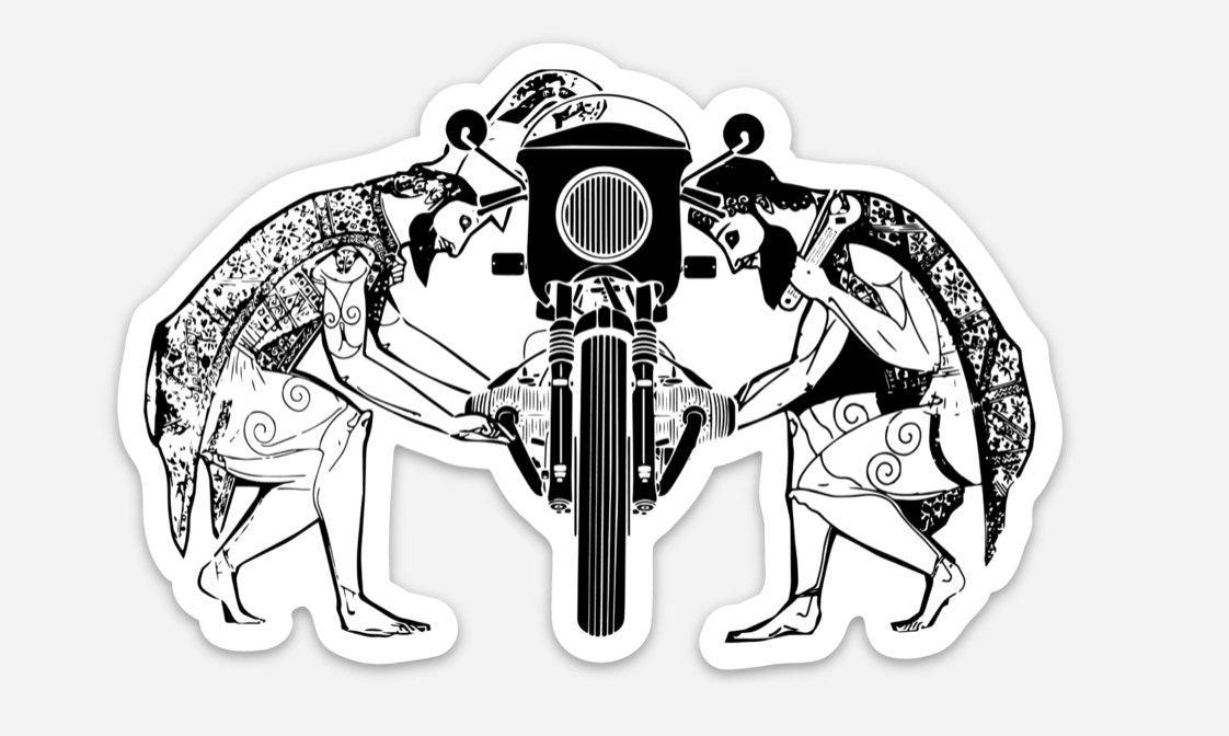 BellavanceInk: Ancient Greek Mechanics Working On Their Cafe Racer View Vinyl Sticker Illustration - BellavanceInk