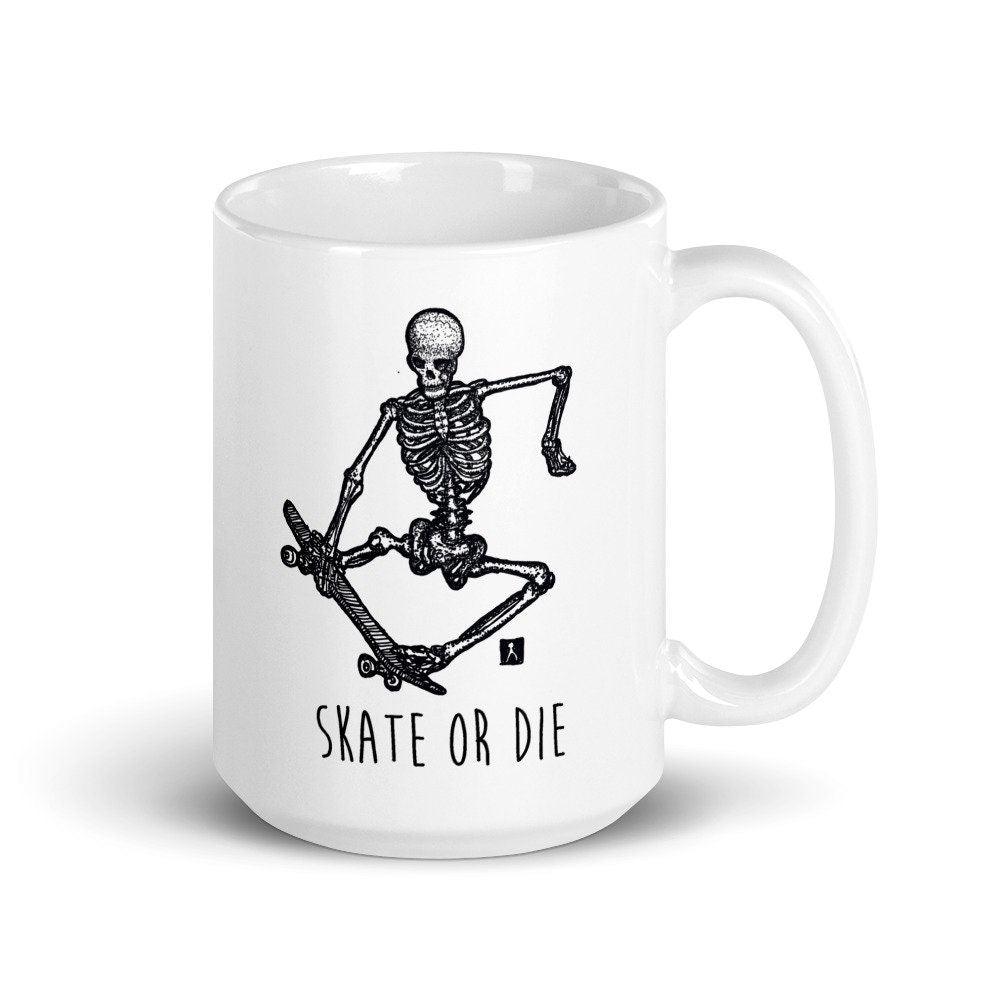 BellavanceInk: Coffee Mug With Pen & Ink Drawing Of Skeleton Skate Boarding (Optional Text) Skate Or Die - BellavanceInk