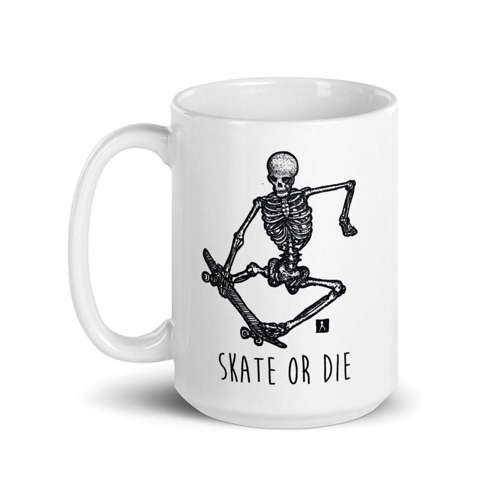 BellavanceInk: Coffee Mug With Pen & Ink Drawing Of Skeleton Skate Boarding (Optional Text) Skate Or Die - BellavanceInk