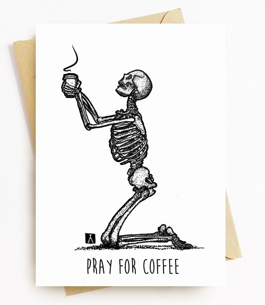 BellavanceInk: Greeting Card With Skeleton Giving Thanks and Praying For Coffee 5 x 7 Inches - BellavanceInk