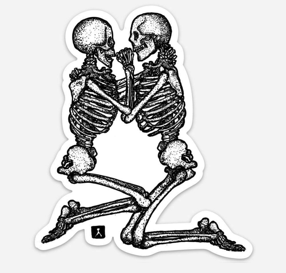 BellavanceInk: Two Skeletons Embracing Vinyl Sticker Hand Drawn Illustration - BellavanceInk