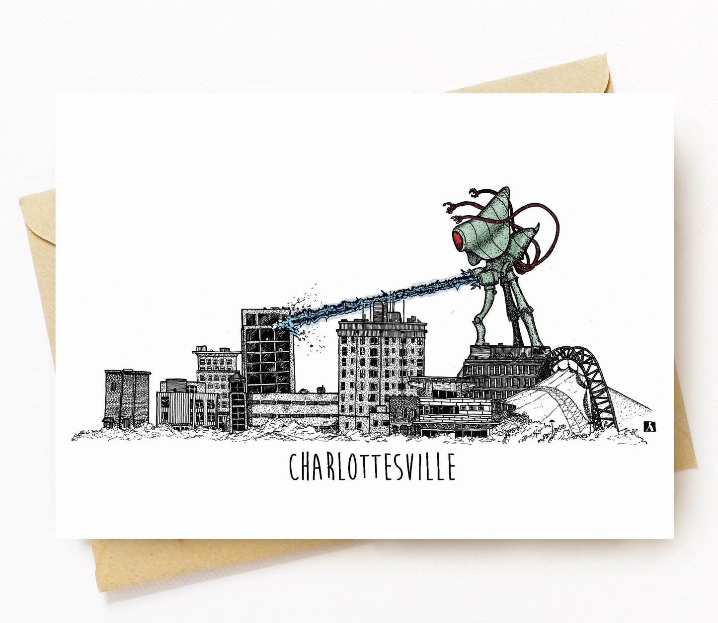 BellavanceInk: Greeting Card With A Pen & Ink Drawing Of Alien Monster In Charlottesville 5 x 7 Inches - BellavanceInk