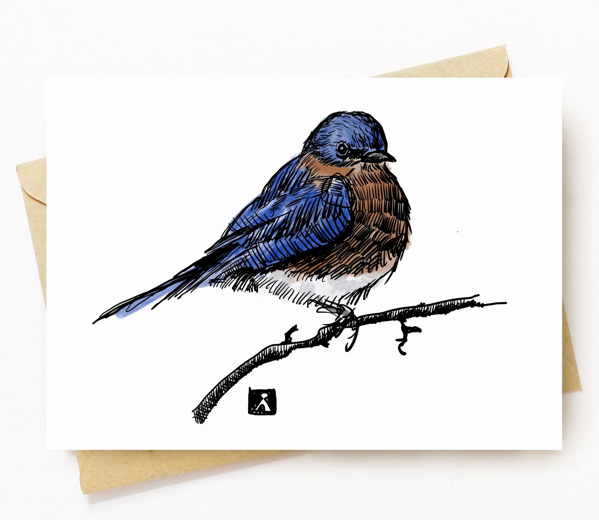 BellavanceInk: Greeting Card With An Eastern Blue Bird On A Tree Branch Pen & Ink Watercolor Illustration 5 x 7 Inches - BellavanceInk