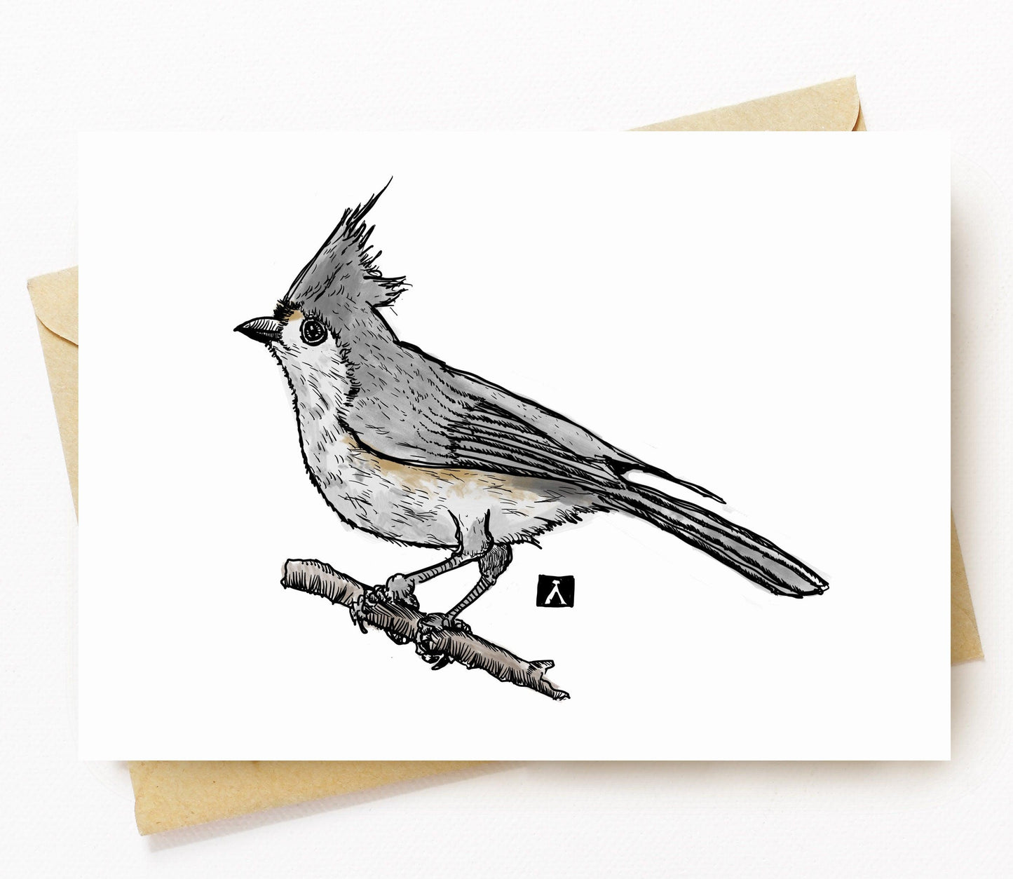 BellavanceInk: Greeting Card With Tufted Titmouse On A Tree Branch Pen & Ink Watercolor Illustration 5 x 7 Inches - BellavanceInk