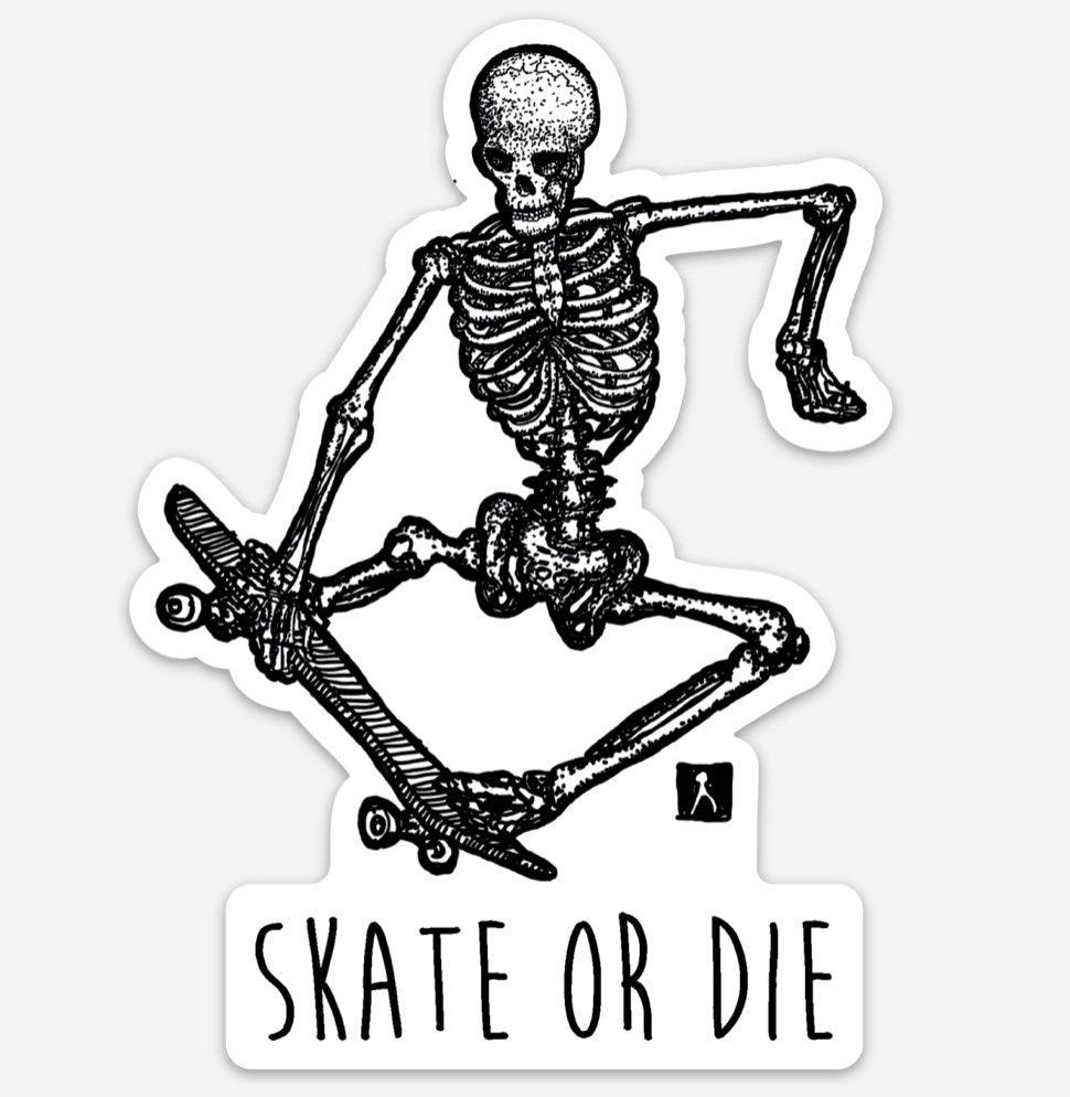 BellavanceInk: Skate Or Die Skeleton Doing A Trick On A Skate Board Vinyl Sticker Hand Drawn Illustration - BellavanceInk