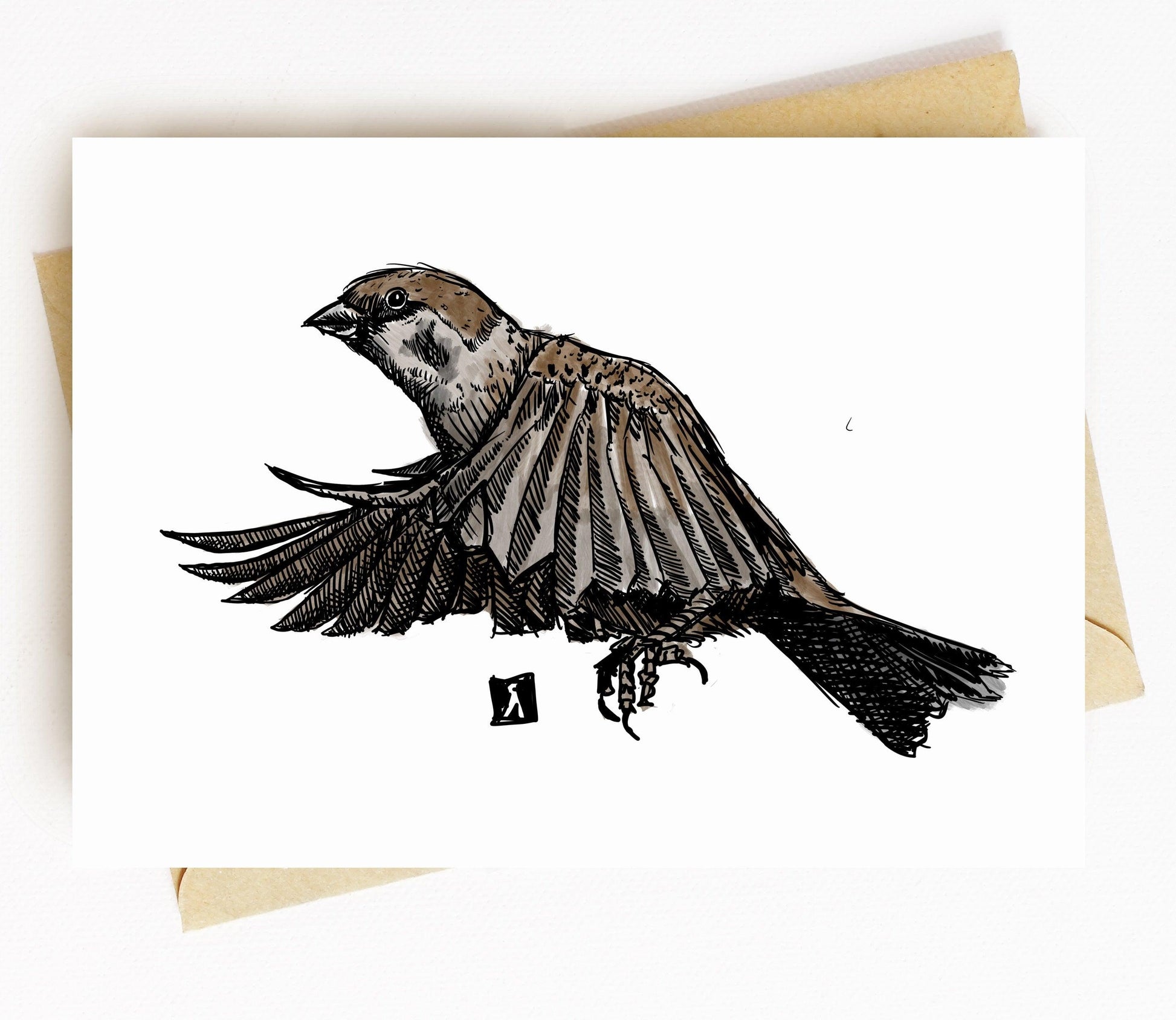 BellavanceInk: Greeting Card With Sparrow In Mid Flight Pen & Ink Watercolor Illustration 5 x 7 Inches - BellavanceInk