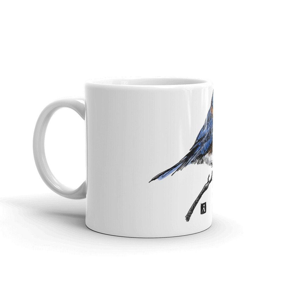 BellavanceInk: White Coffee Mug With Eastern Blue Bird Sitting On A Branch - BellavanceInk