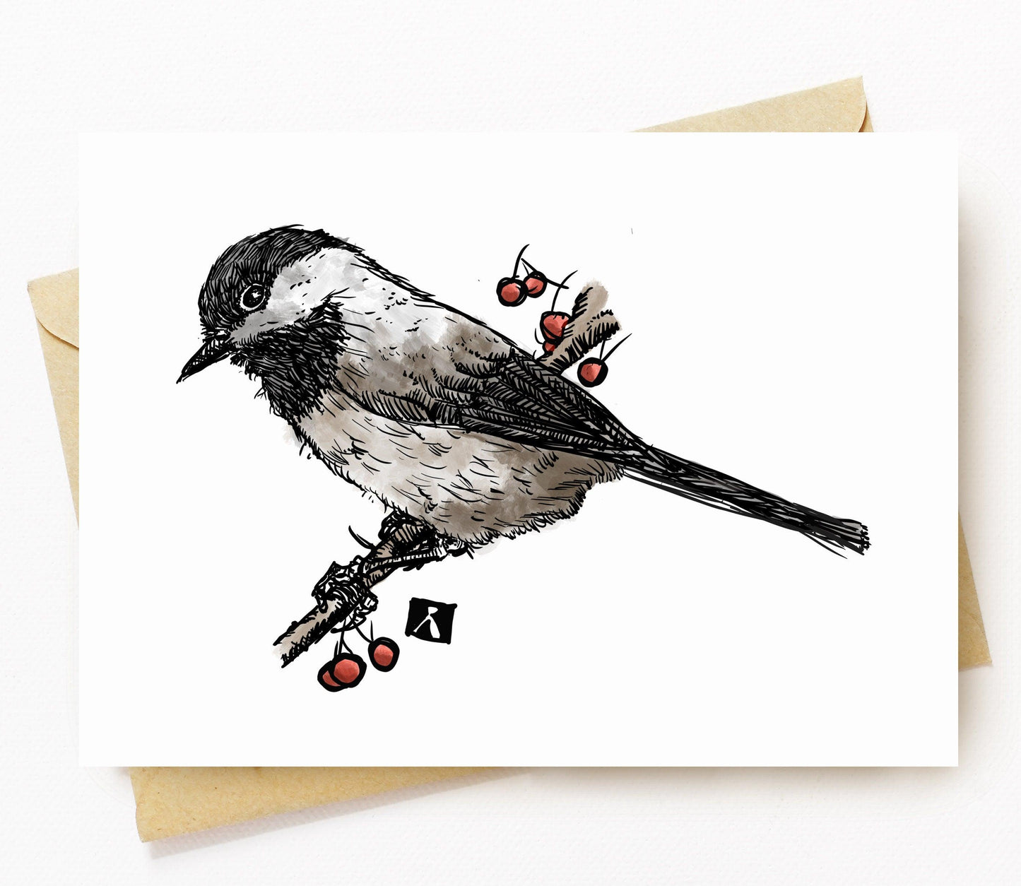BellavanceInk: Greeting Card With Black Capped Chickadee On A Tree Branch Pen & Ink Watercolor Illustration 5 x 7 Inches - BellavanceInk