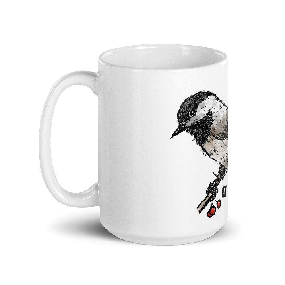 BellavanceInk: Coffee Mug With Black Capped Chickadee On A Tree Branch Pen & Ink Watercolor Illustration - BellavanceInk