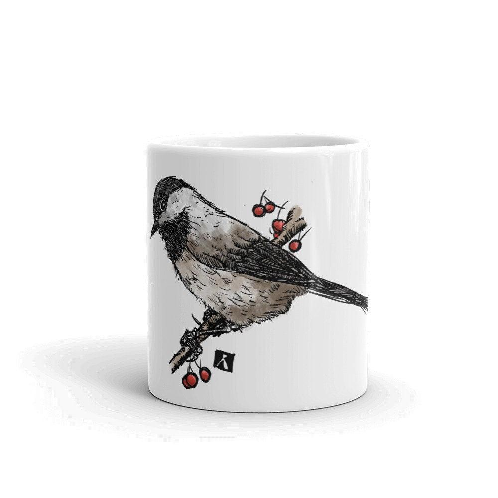 BellavanceInk: Coffee Mug With Black Capped Chickadee On A Tree Branch Pen & Ink Watercolor Illustration - BellavanceInk