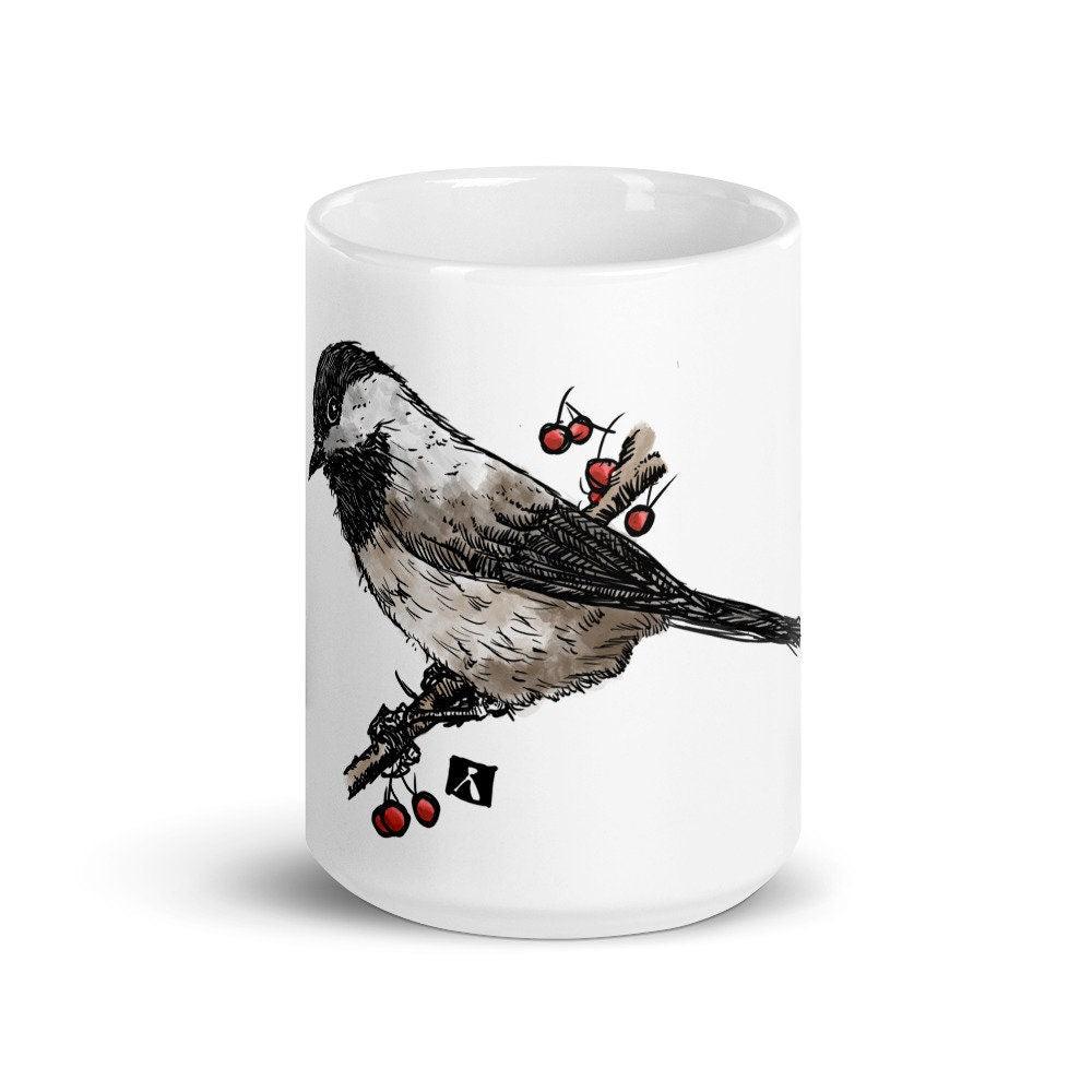 BellavanceInk: Coffee Mug With Black Capped Chickadee On A Tree Branch Pen & Ink Watercolor Illustration - BellavanceInk