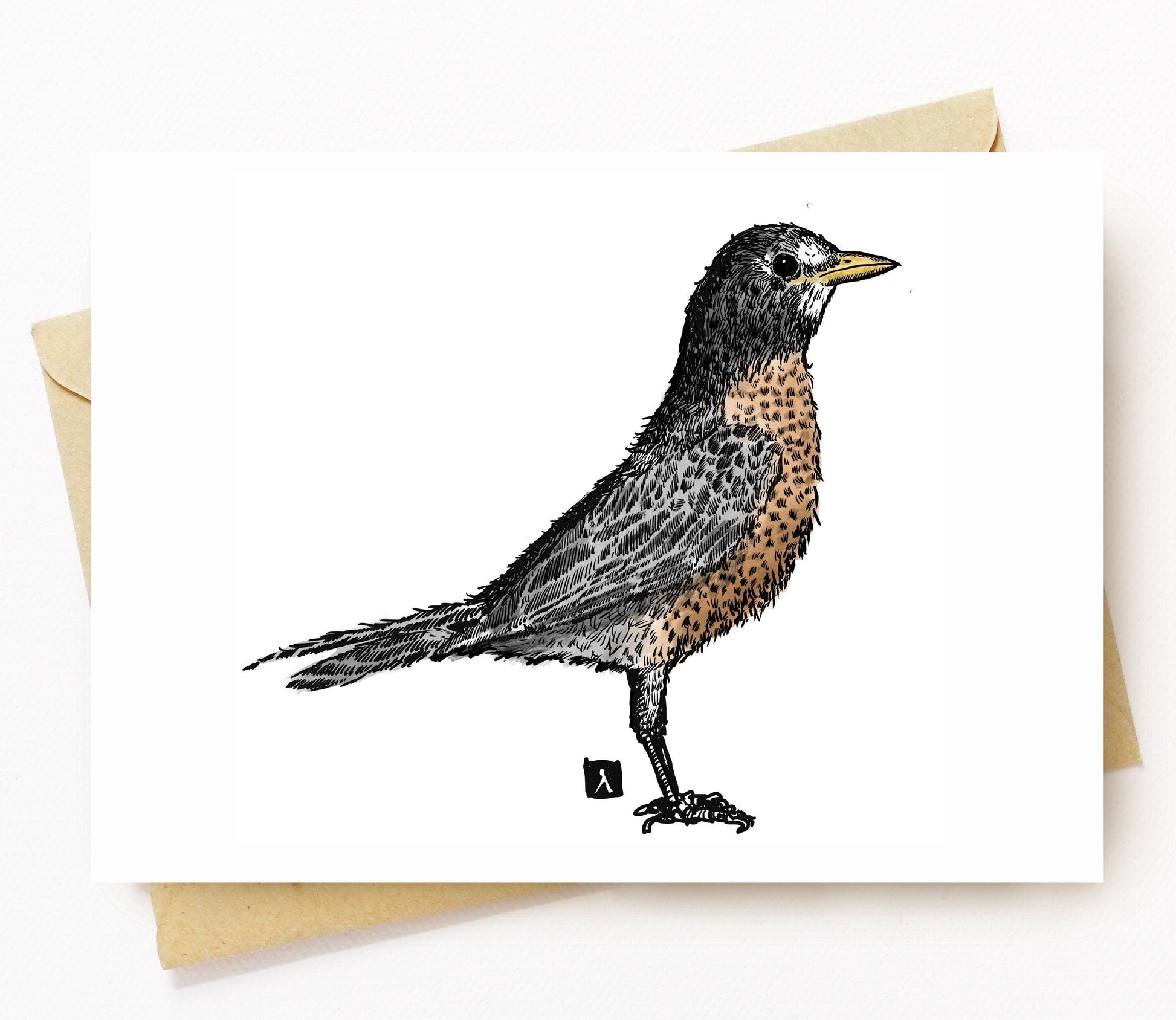 BellavanceInk: Greeting Card With An American Robin Pen & Ink Watercolor Illustration 5 x 7 Inches - BellavanceInk