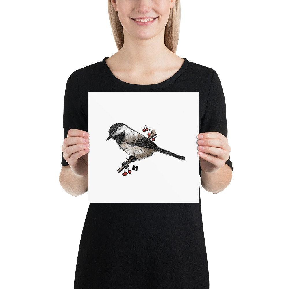 BellavanceInk: Pen & Ink/Watercolor Of A Chickadee Back Yard Bird On A Branch Print - BellavanceInk