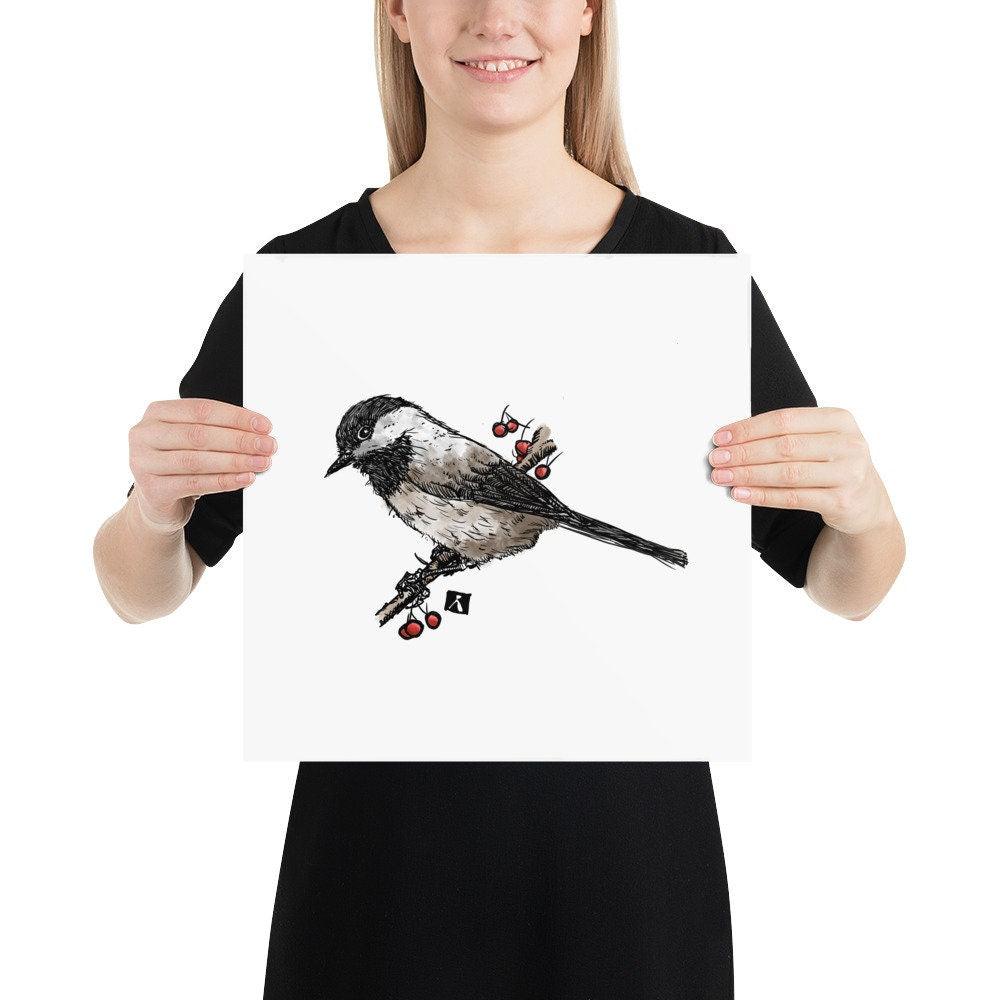 BellavanceInk: Pen & Ink/Watercolor Of A Chickadee Back Yard Bird On A Branch Print - BellavanceInk