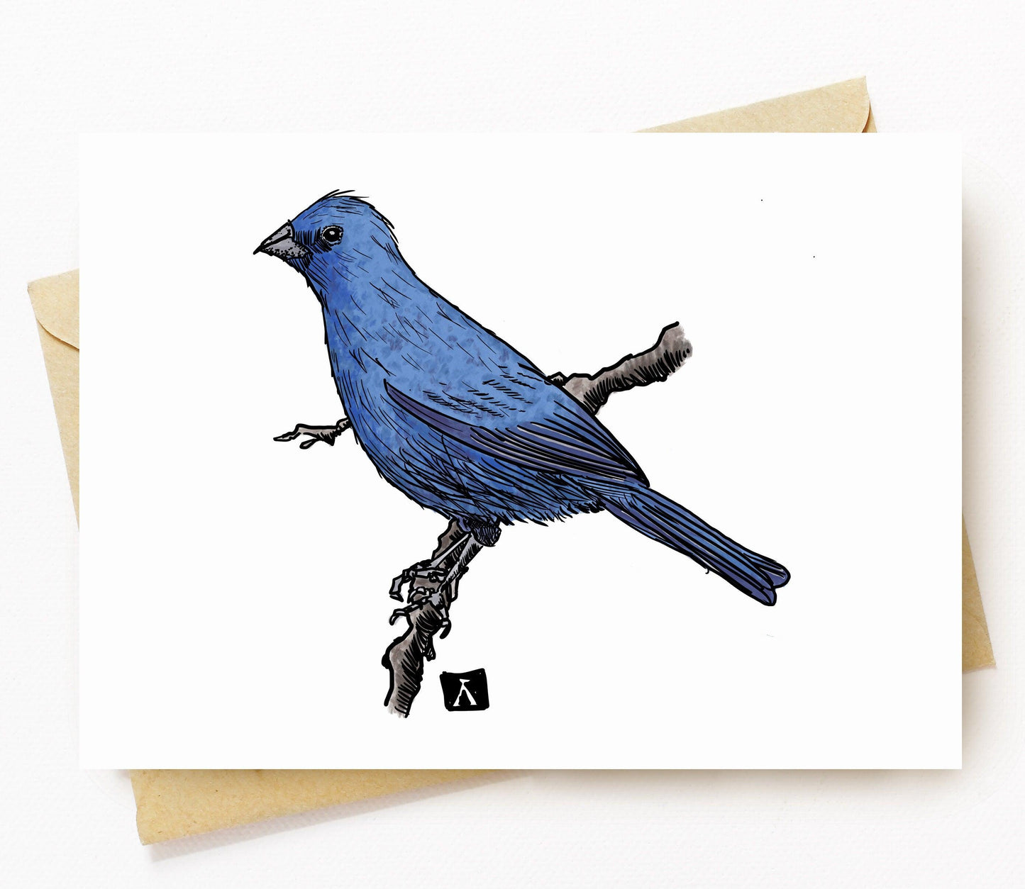 BellavanceInk: Greeting Card With Indigo Bunting On A Tree Branch Pen & Ink Watercolor Illustration 5 x 7 Inches - BellavanceInk
