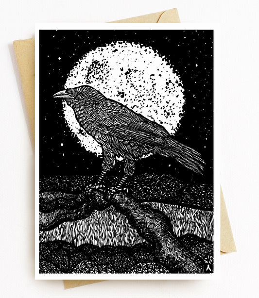 BellavanceInk: Greeting Card With A Raven On A Branch In The Moonlight Woodcut Style Illustration 5 x 7 Inches - BellavanceInk
