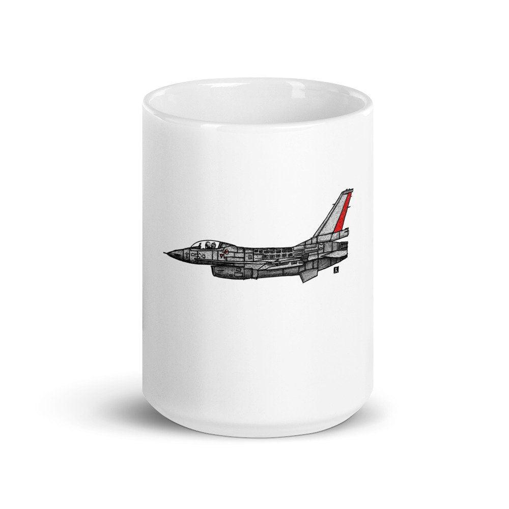 BellavanceInk: Coffee Mug With A Vintage F16 Fighting Falcon Jet Pen & Ink Sketch With Watercolor - BellavanceInk