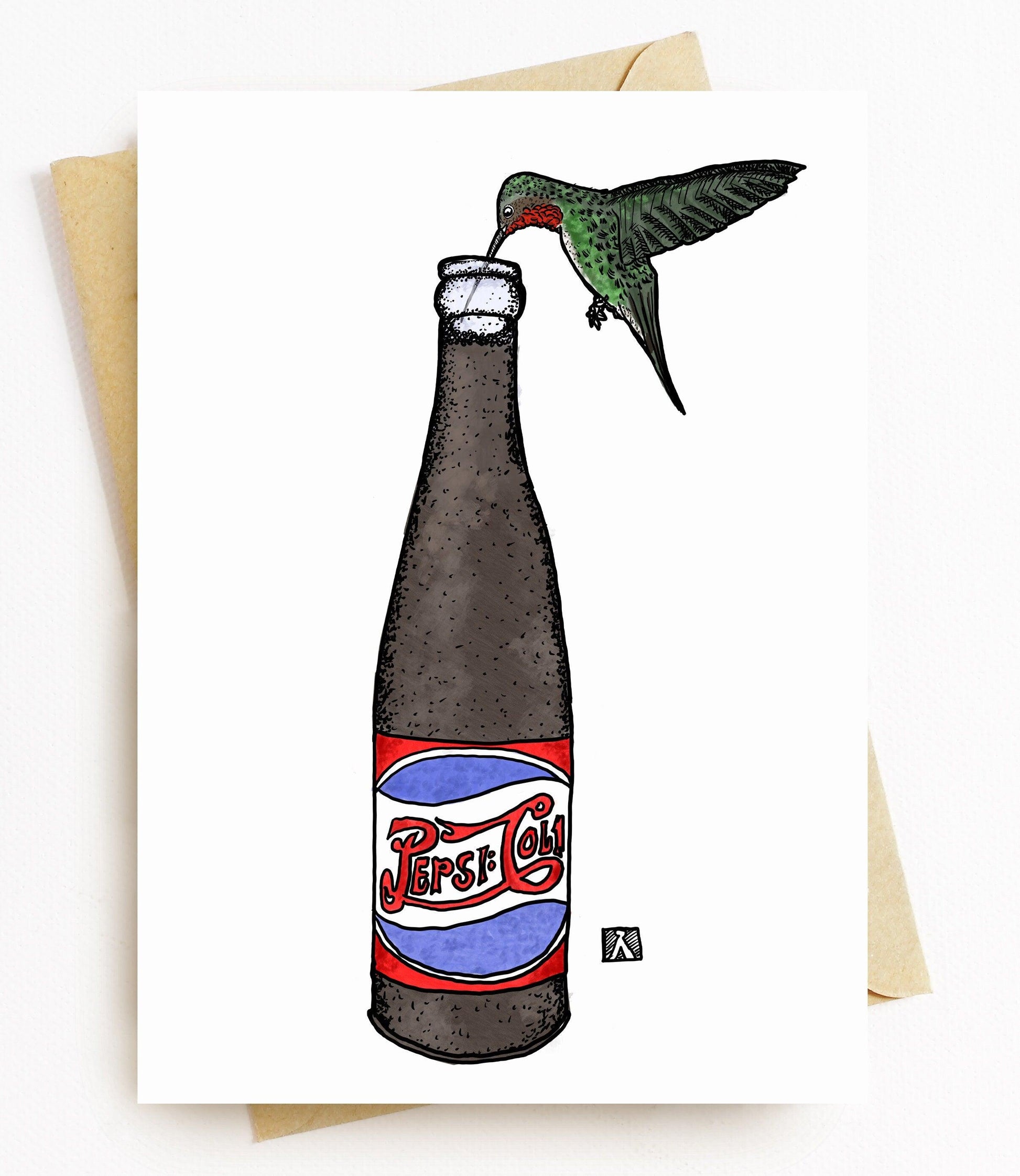 BellavanceInk: Greeting Card With Humming Bird Drinking From A Bottle Of Soda Pen & Ink Watercolor Illustration 5 x 7 Inches - BellavanceInk