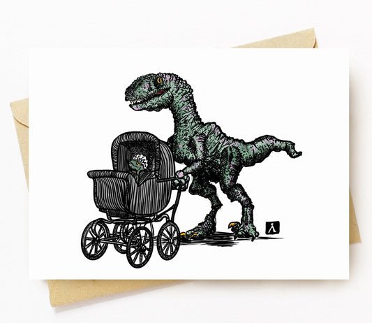 BellavanceInk: New Baby Card With Velociraptor Dinosaur With Baby Pen & Ink Watercolor Illustration 5 x 7 Inches - BellavanceInk