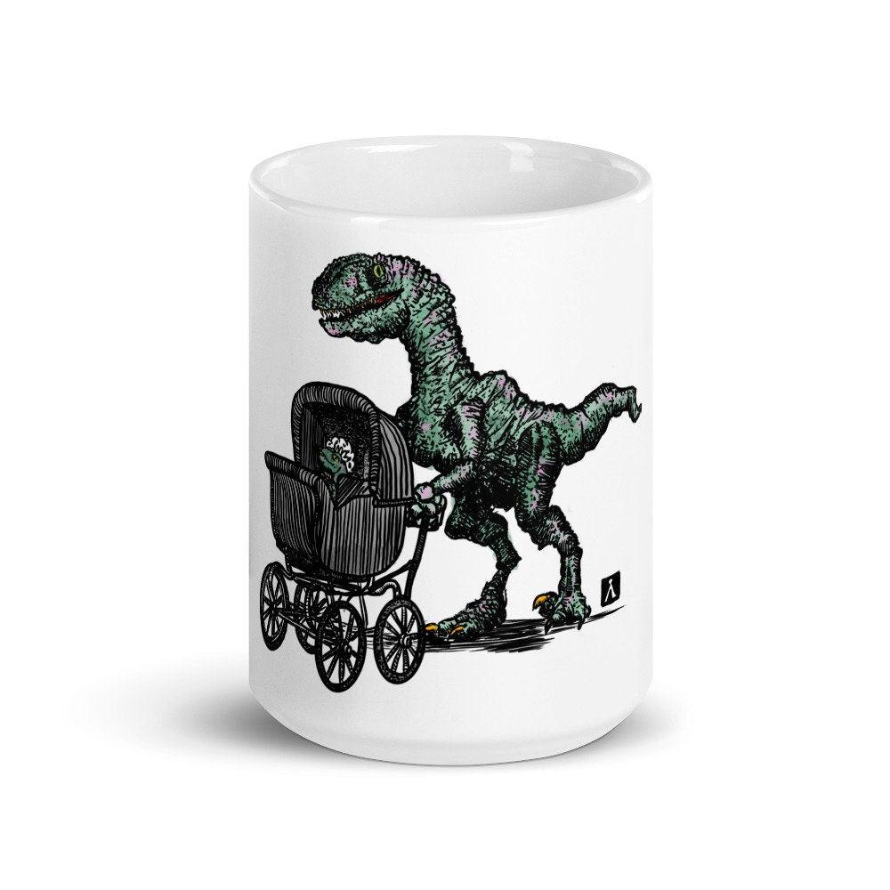 BellavanceInk: Coffee Mug With Mother/Father Velociraptor Dinosaur Walking Their Baby Pen & Ink Watercolor Design - BellavanceInk