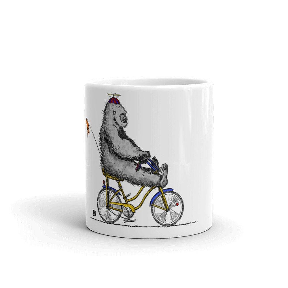 BellavanceInk: White Coffee Mug With A Gorilla Riding Down A Hill On Their Banana Seat Bike - BellavanceInk