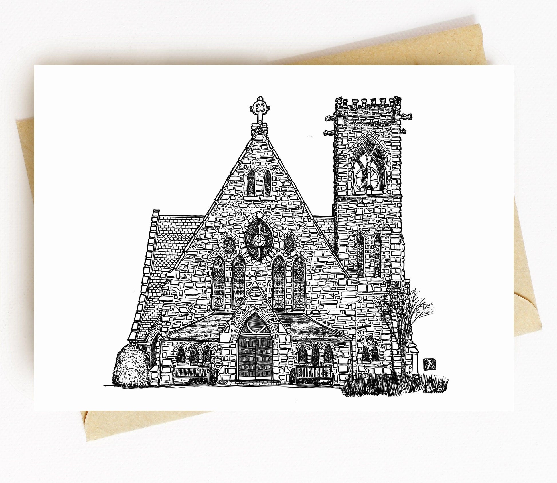 BellavanceInk: Greeting Card With A Pen & Ink Drawing Of The Chapel In Charlottesville, Virginia 5 x 7 Inches - BellavanceInk