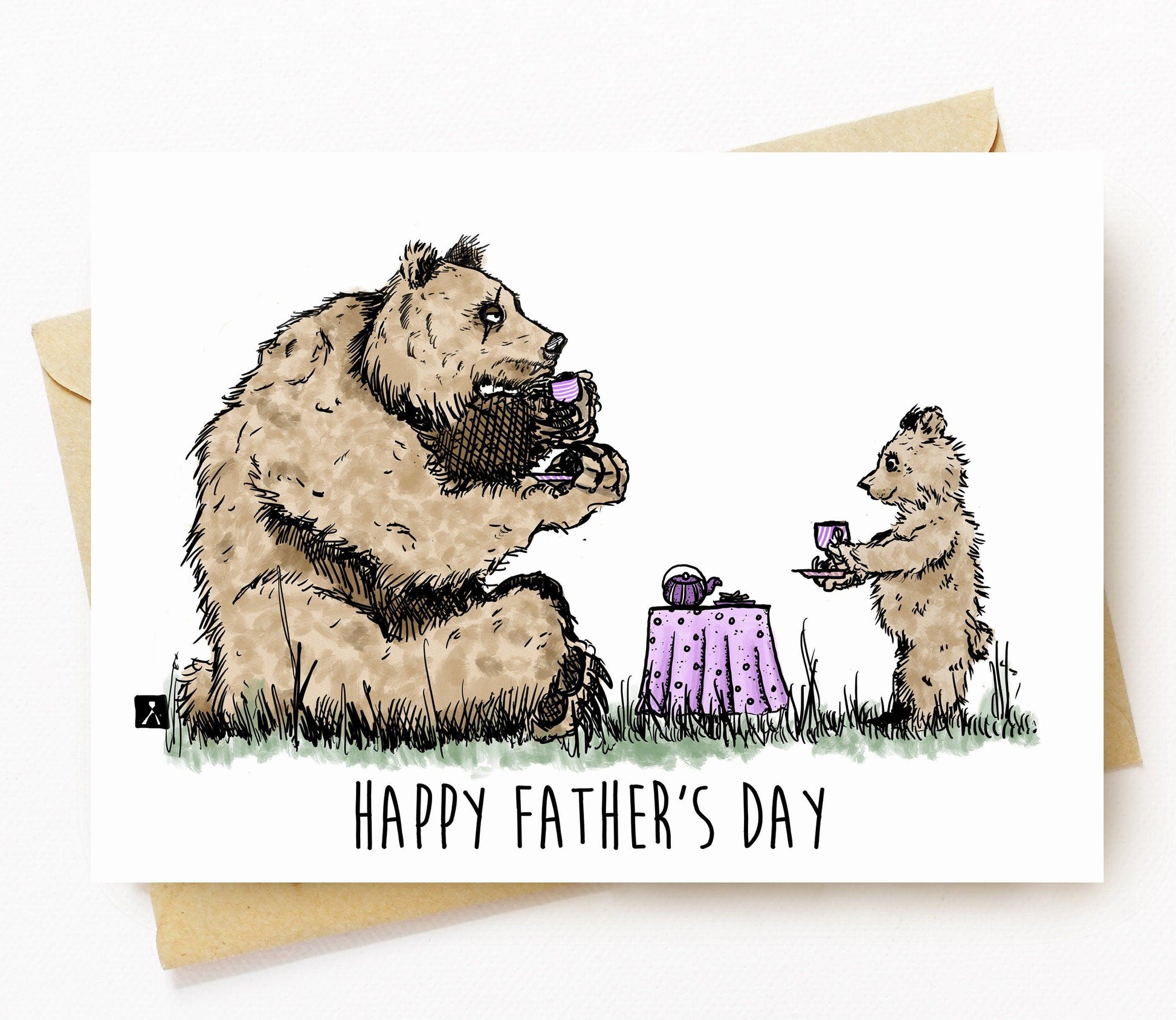BellavanceInk: Father's Day Card With Grizzly Dad & Cub Having Tea Graphic 5 x 7 Inches - BellavanceInk