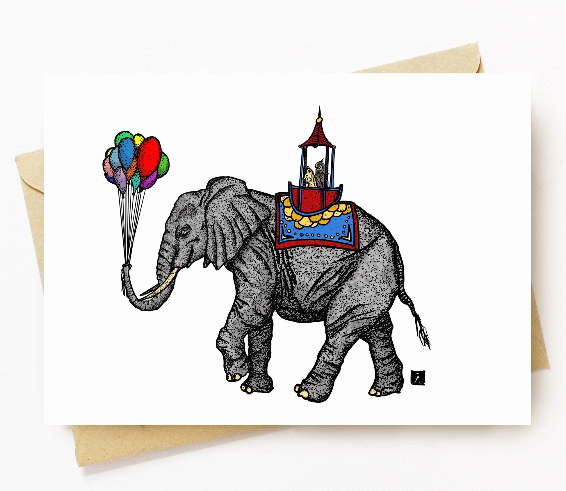 BellavanceInk: Birthday Card With Elephant An His Friends Carrying Birthday Balloons Pen & Ink Watercolor Illustration 5 x 7 Inches - BellavanceInk