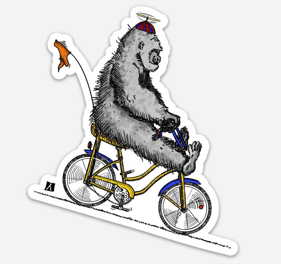 BellavanceInk: Gorilla Riding Down The Road On Their Banana Seat Bicycle Vinyl Sticker Hand Drawn Illustration - BellavanceInk