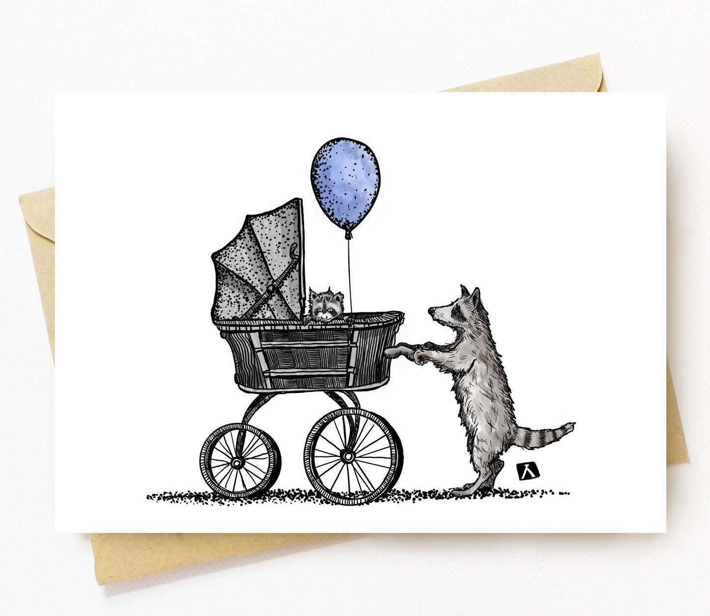 BellavanceInk: New Baby Card With Momma Raccoon And Cub Pen & Ink Watercolor Illustration 5 x 7 Inches - BellavanceInk