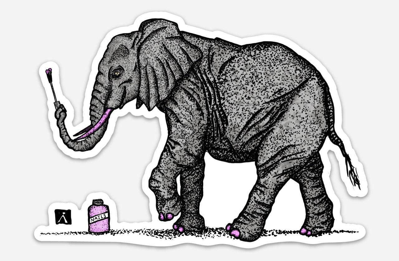 BellavanceInk: Elephant With Pink Nail Polish Vinyl Sticker Pen and Ink Illustration - BellavanceInk