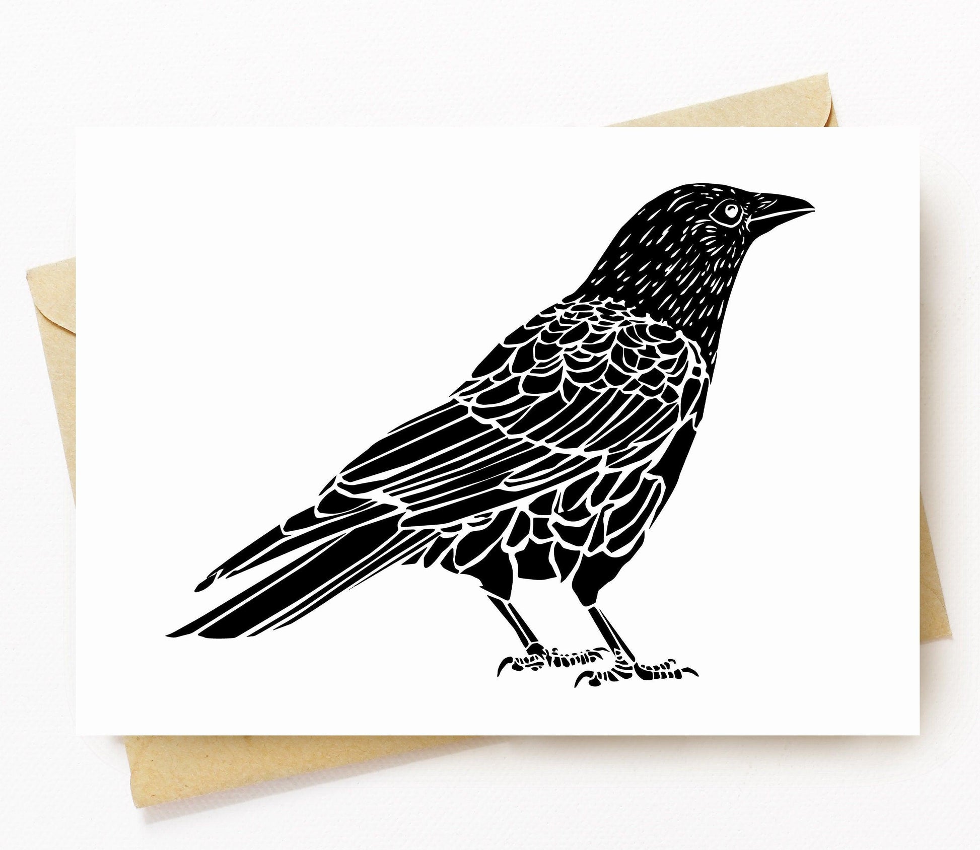 BellavanceInk: Greeting Card With Crow Wood Cut Style Illustration 5 x 7 Inches - BellavanceInk