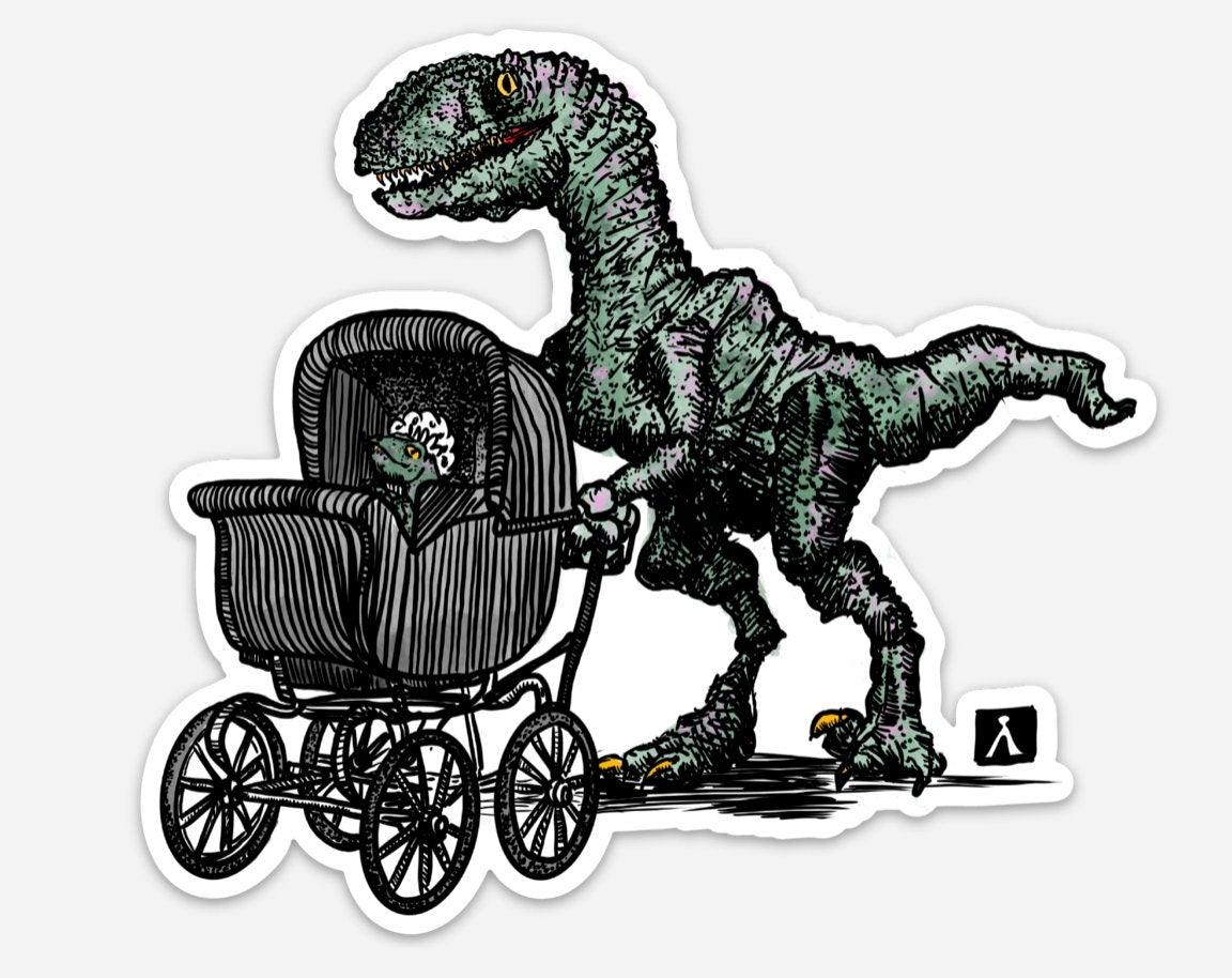 BellavanceInk: Sticker With Velociraptor Dinosaur With Baby Pen & Ink Watercolor Illustration - BellavanceInk