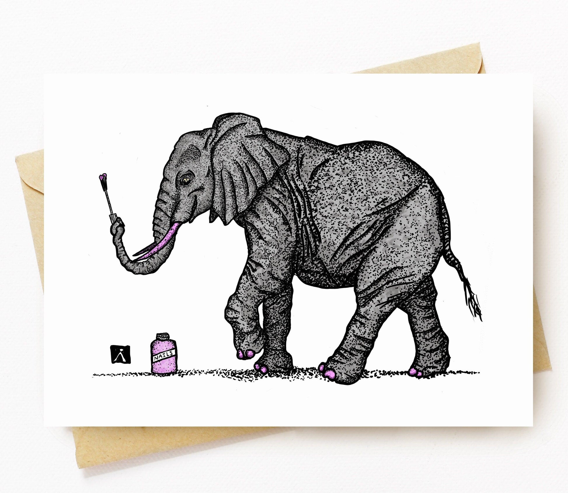BellavanceInk: Greeting Card With Elephant Painting Their Nails Pen & Ink Watercolor Illustration 5 x 7 Inches - BellavanceInk
