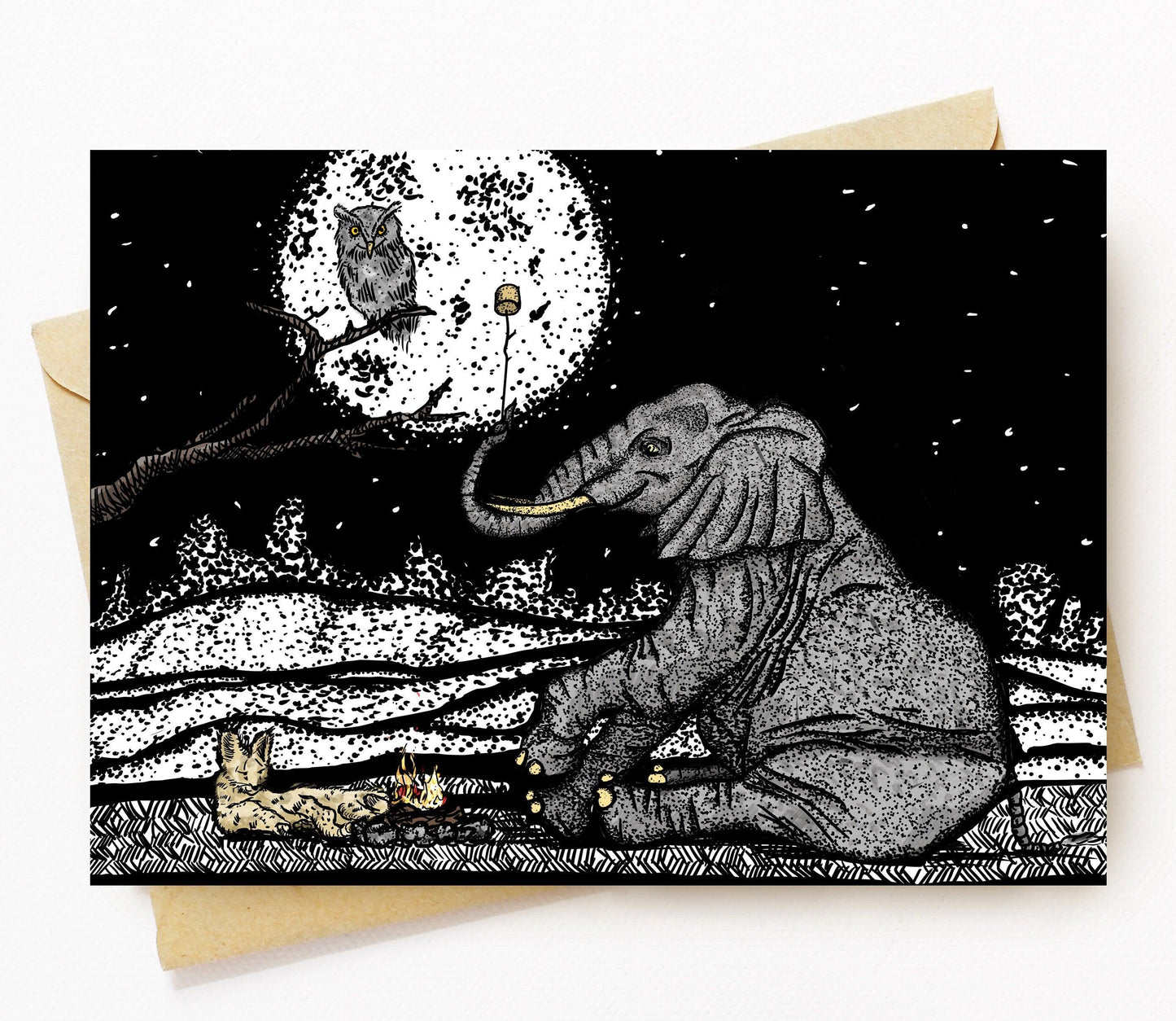 BellavanceInk: Greeting Card With Elephant, Owl, And Cat Sitting By A Camp Fire Pen & Ink Watercolor Illustration 5 x 7 Inches - BellavanceInk