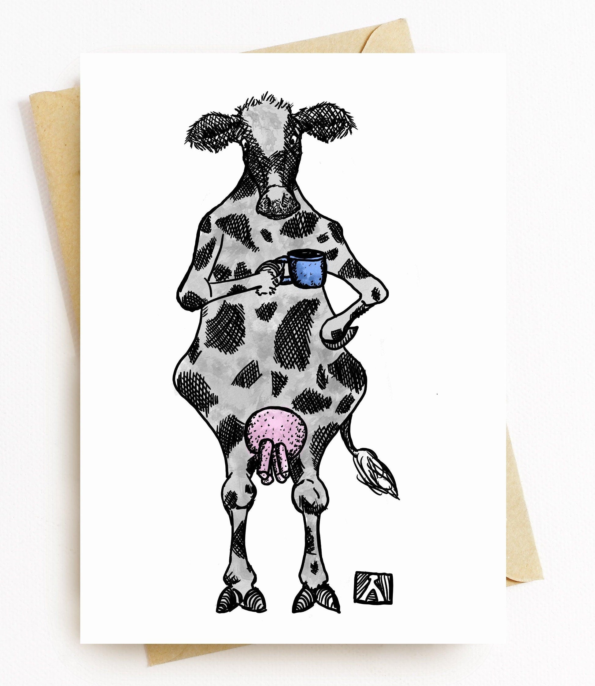 BellavanceInk: Cow Standing With Cup Of Coffee Pen And Ink Illustration 5 x 7 Inches - BellavanceInk