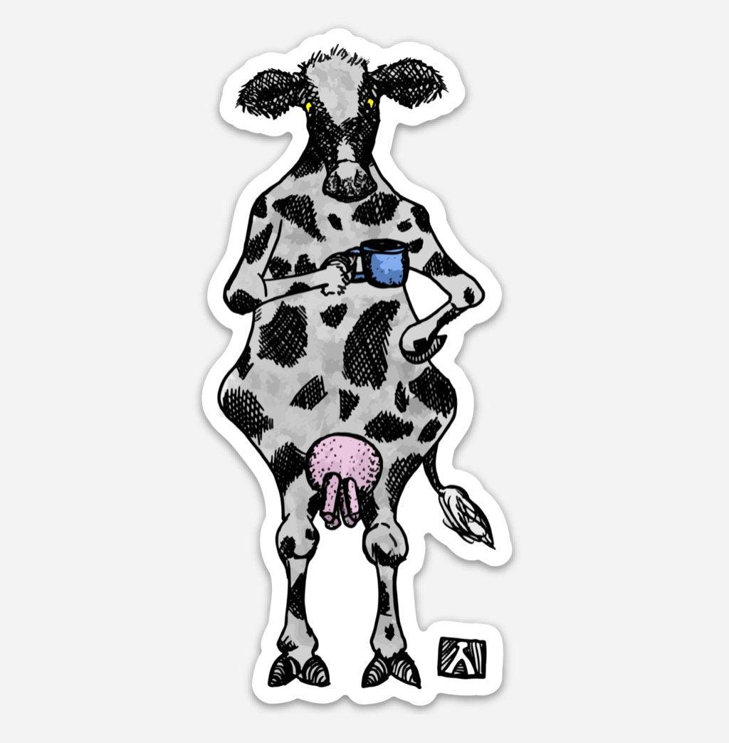 BellavanceInk: Disturbing Cow Standing With A Cup Of Coffee Illustration On A Vinyl Sticker - BellavanceInk
