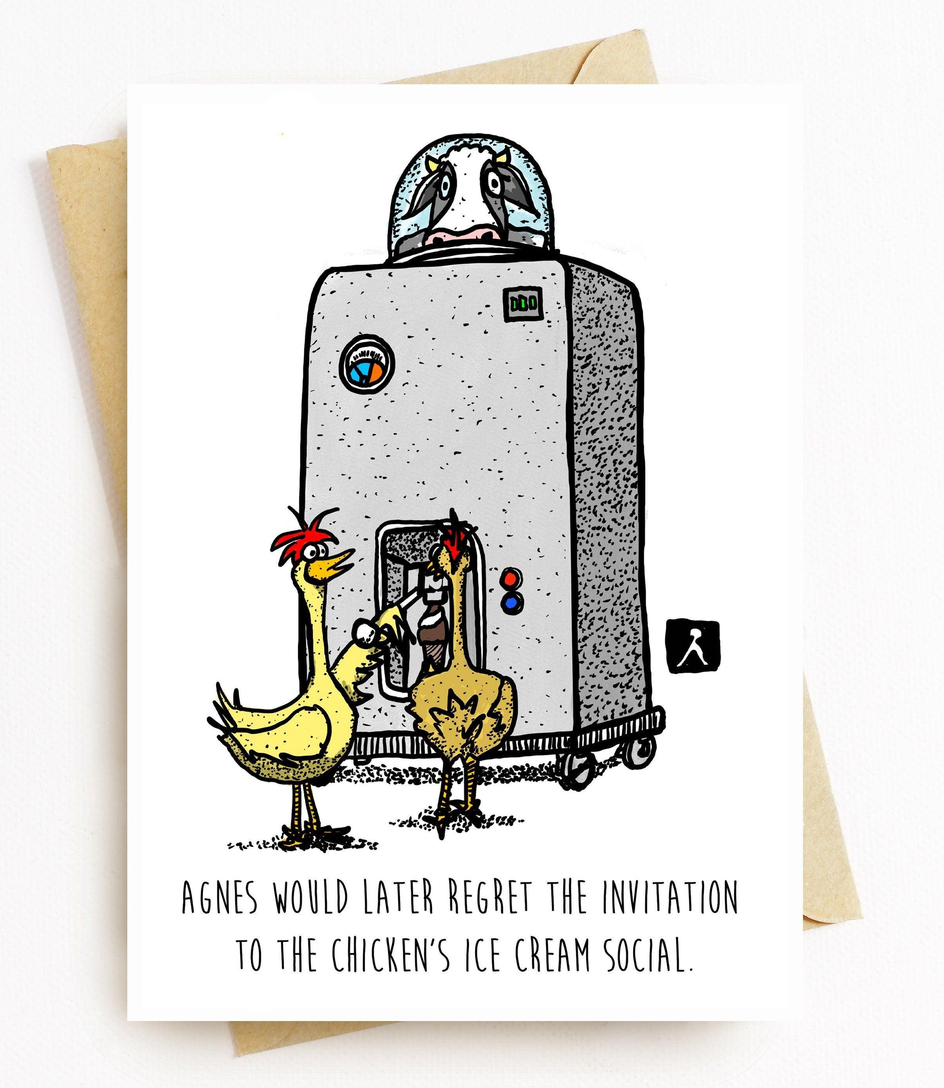 BellavanceInk: Party Invitation Greeting Card With A Pen & Ink Drawing Of Two Chickens And A Cow In An Ice Cream Machine 5 x 7 Inches - BellavanceInk