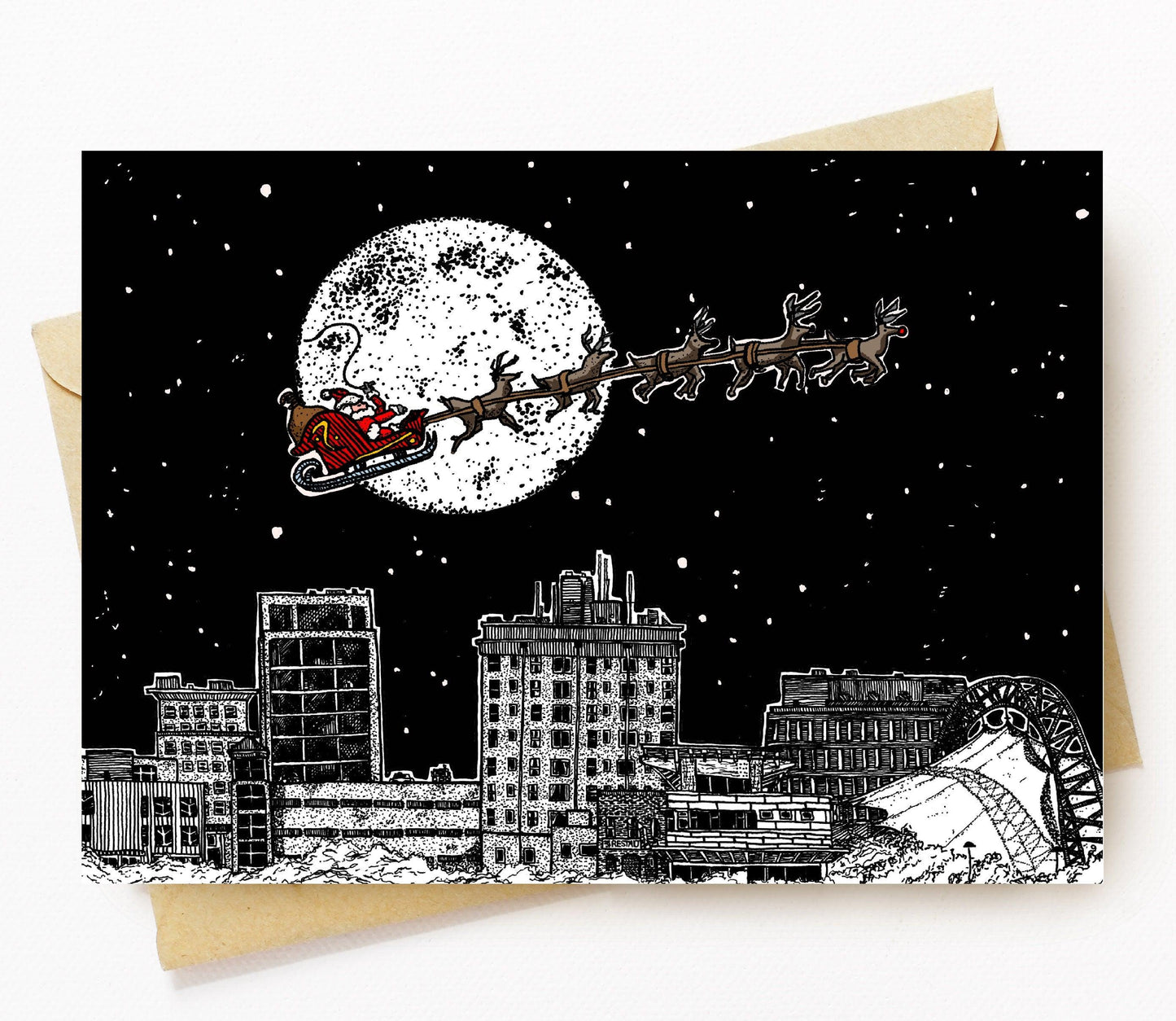 BellavanceInk: Pen & Ink Charlottesville City Skyline Christmas Card With Santa Clause And Reindeer 5 x 7 Inches - BellavanceInk