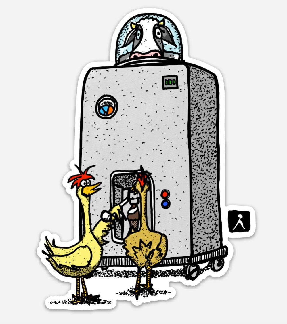 BellavanceInk: Two Chickens Using An Ice Cream Machine With Their Cow Friend Vinyl Sticker - BellavanceInk