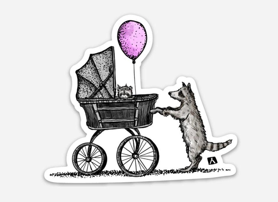 BellavanceInk: Raccoon Pushing A Baby Carriage Trundle With A Baby Raccoon And Balloon Pen And Ink Illustration Vinyl Sticker - BellavanceInk