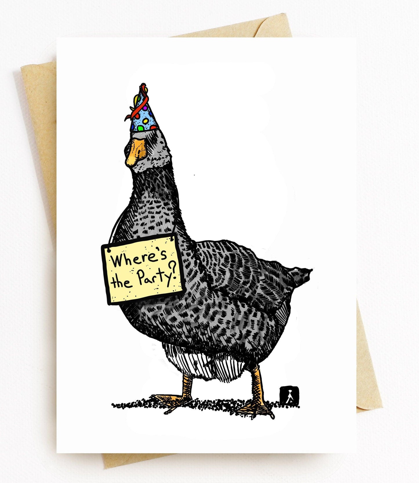 BellavanceInk: Birthday Card With Goose Ready For The Party Pen & Ink Watercolor Illustration 5 x 7 Inches - BellavanceInk