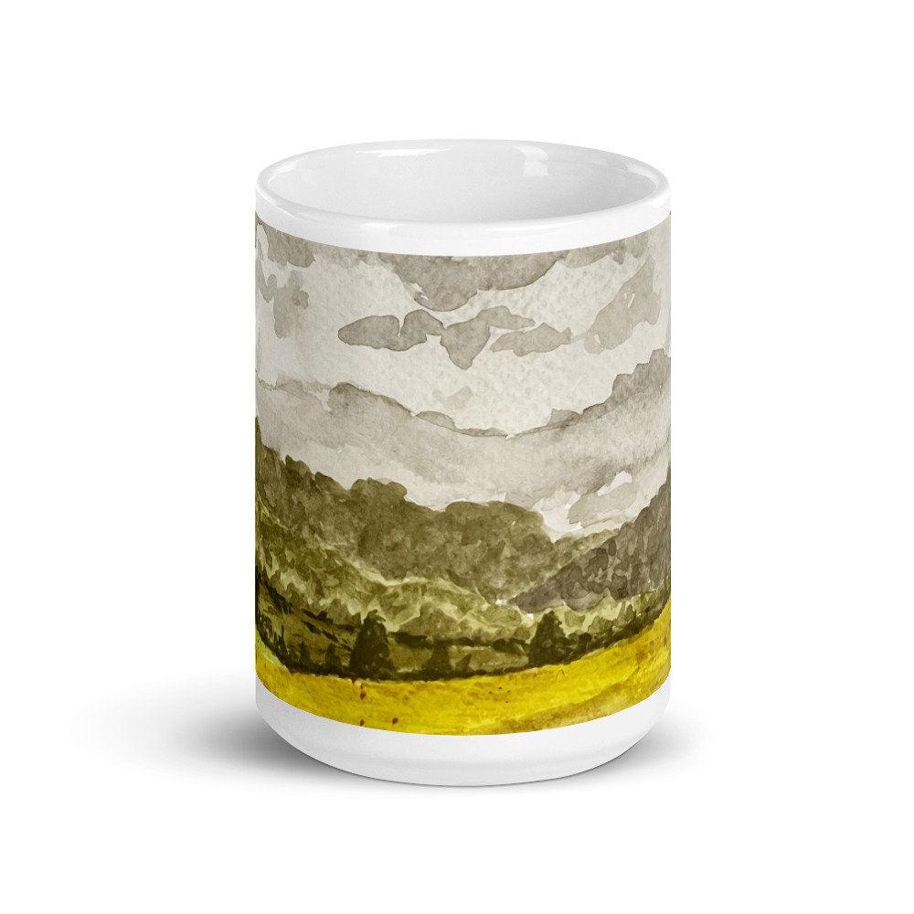 BellavanceInk: Coffee Mug With Watercolor Painting Of Crozet Virginia Area Mountains Along Three Notched Road - BellavanceInk