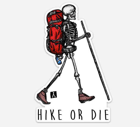 BellavanceInk: Skeleton Hiking On The Trail Vinyl Sticker Hand Drawn Illustration Hike Or Die - BellavanceInk