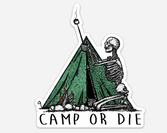 BellavanceInk: Skeleton At Camp Roasting Marshmallows Vinyl Sticker Hand Drawn Illustration Hike Or Die - BellavanceInk