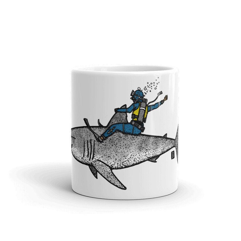 BellavanceInk: White Coffee Mug With Scuba Diver Riding Bronco On A Great White Shark Pen & Ink Watercolor Illustration - BellavanceInk
